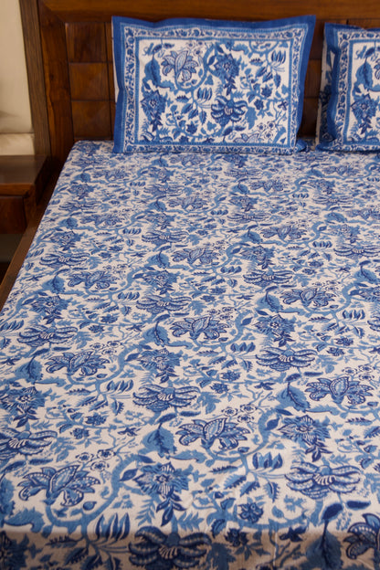Blue Pottery-White Percale Cotton Bedsheet