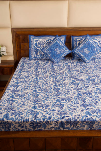 Blue Pottery-White Percale Cotton Bedsheet