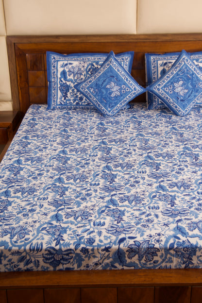 Blue Pottery-White Percale Cotton Bedsheet