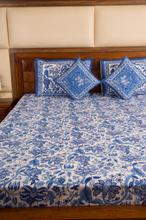 Blue Pottery- White Bedsheet & Dohar Set
