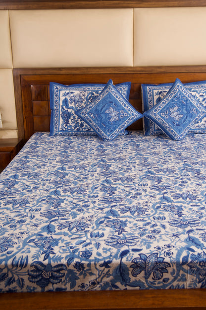 Blue Pottery-White Percale Cotton Bedsheet