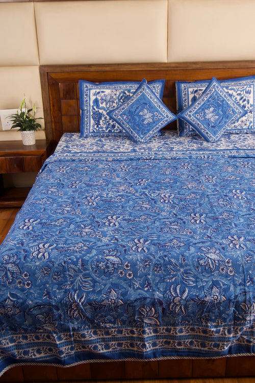 Blue Pottery- White Bedsheet & Dohar Set