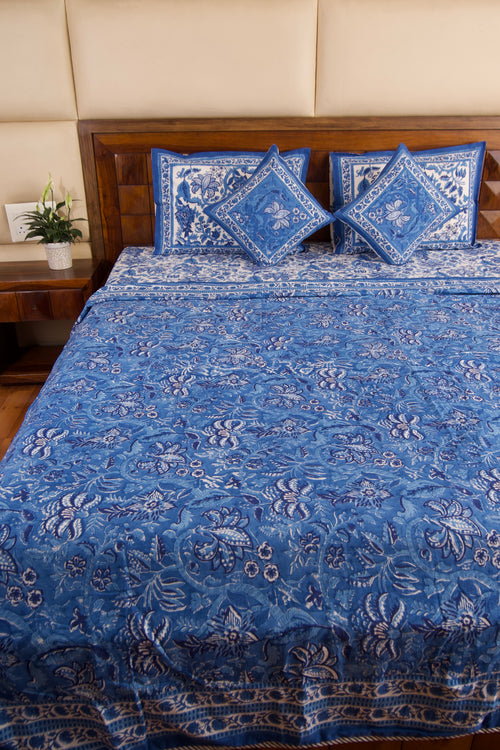 Blue Pottery- White Bedsheet & Dohar Set