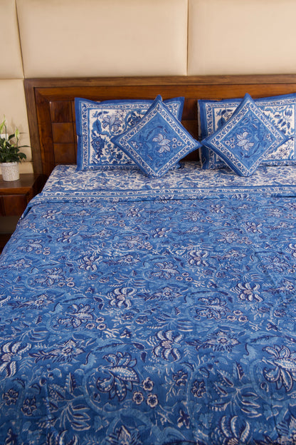 Blue Pottery- White Bedsheet & Dohar Set