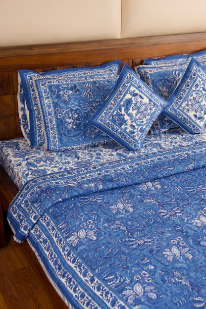 Blue Pottery- White Bedsheet & Bedcover Set