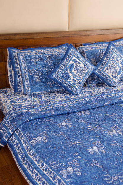Blue Pottery- White Bedsheet & Bedcover Set