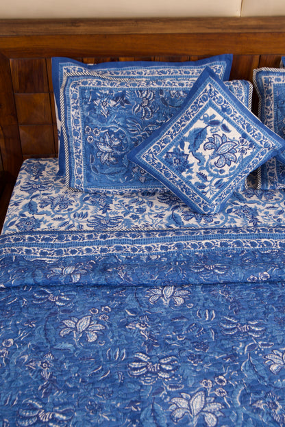 Blue Pottery- White Bedsheet & Bedcover Set