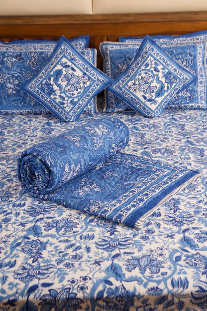 Blue Pottery- White Bedsheet & Bedcover Set