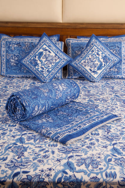 Blue Pottery- White Bedsheet & Bedcover Set