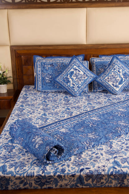 Blue Pottery- White Bedsheet & Bedcover Set
