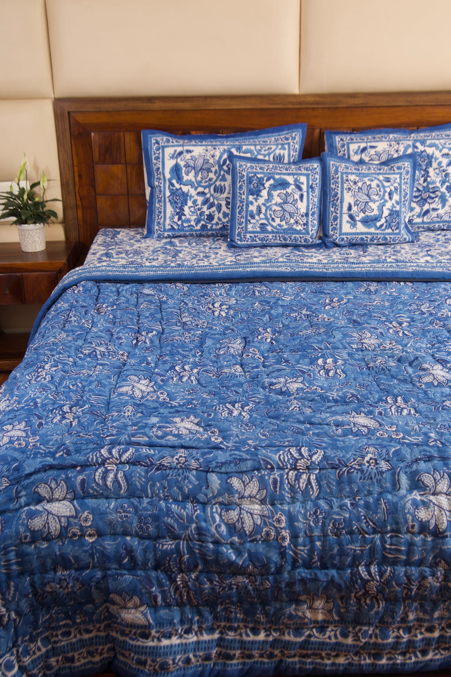 Blue Pottery Reversible Mulmul Cotton Quilt-King Size
