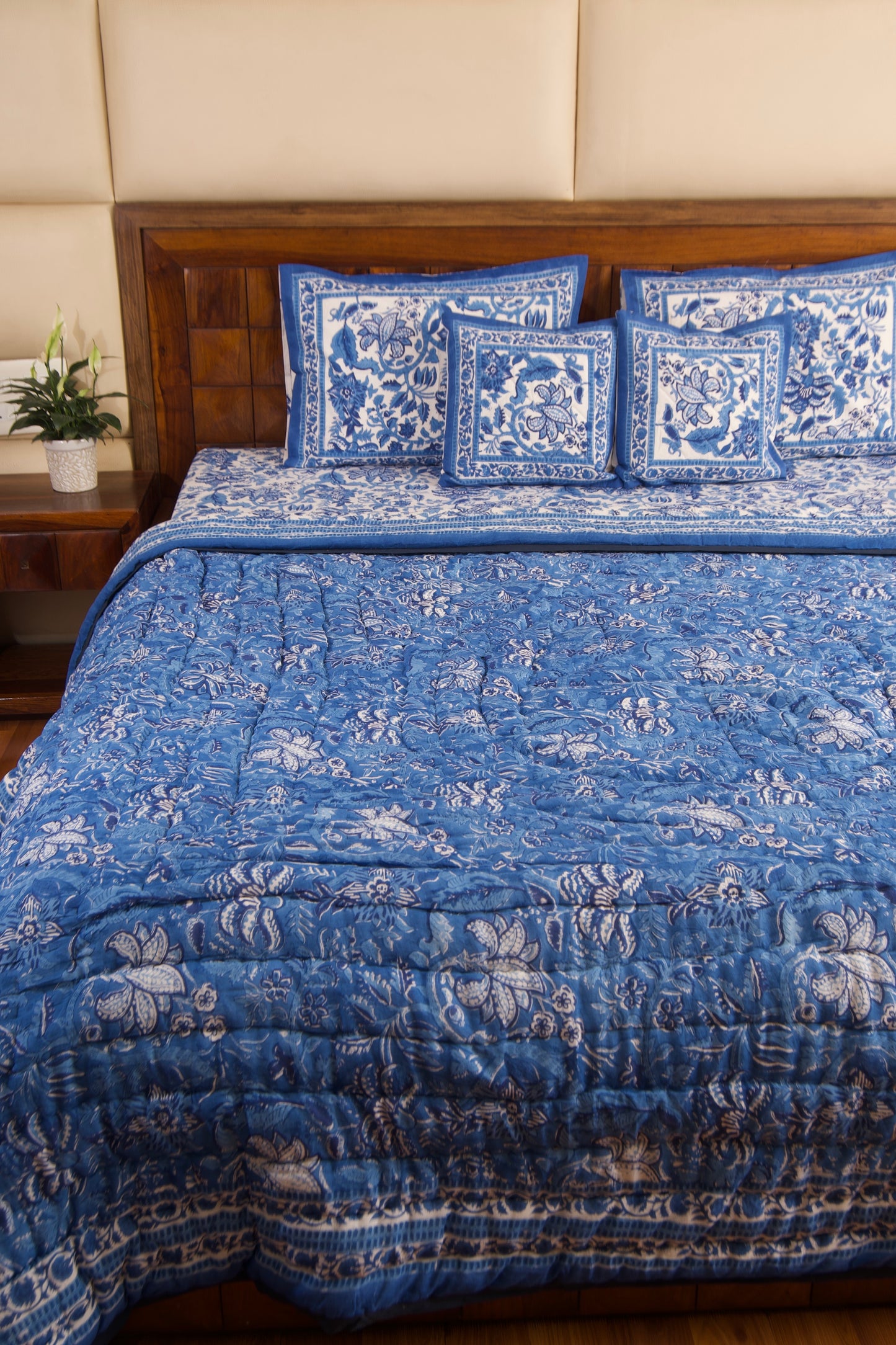 Blue Pottery Reversible Mulmul Cotton Quilt-King Size