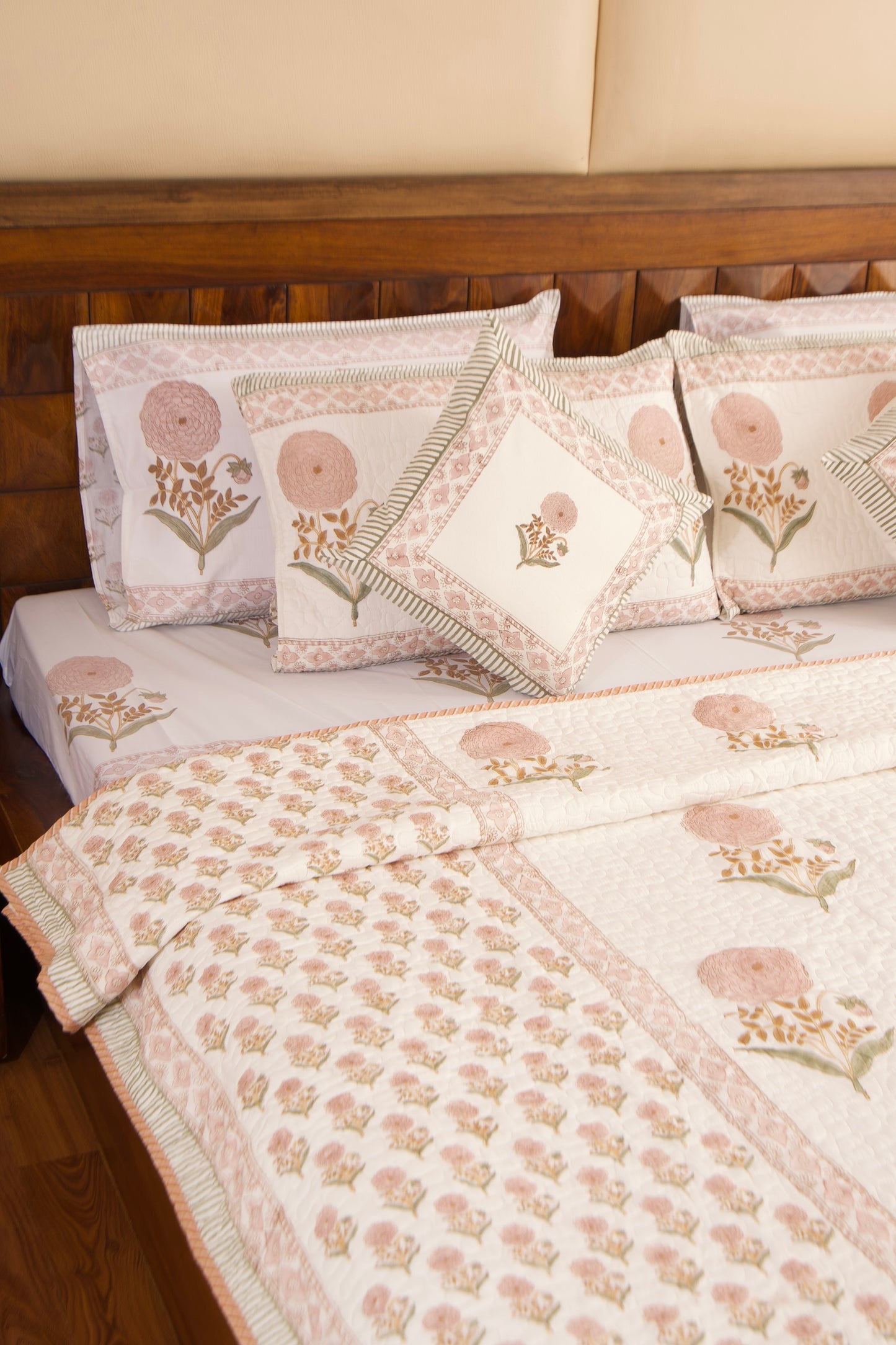 Peach Marigold Bedsheet & Bedcover Set
