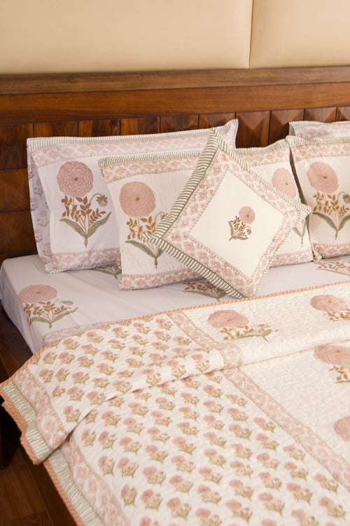Peach Marigold Bedsheet & Bedcover Set