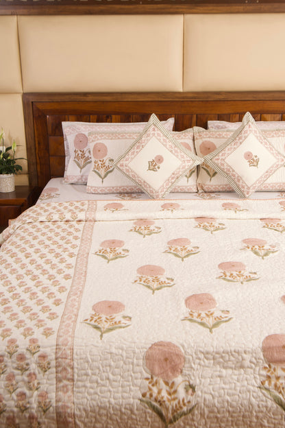 Peach Marigold Bedsheet & Bedcover Set