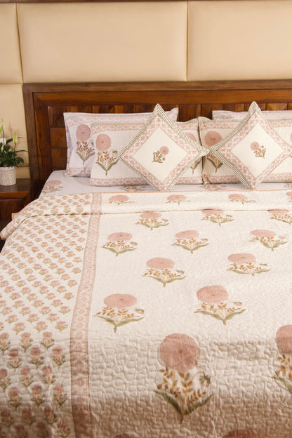 Peach Marigold Bedsheet & Bedcover Set