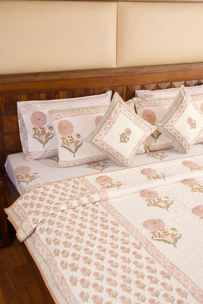 Peach Marigold Bedsheet & Bedcover Set