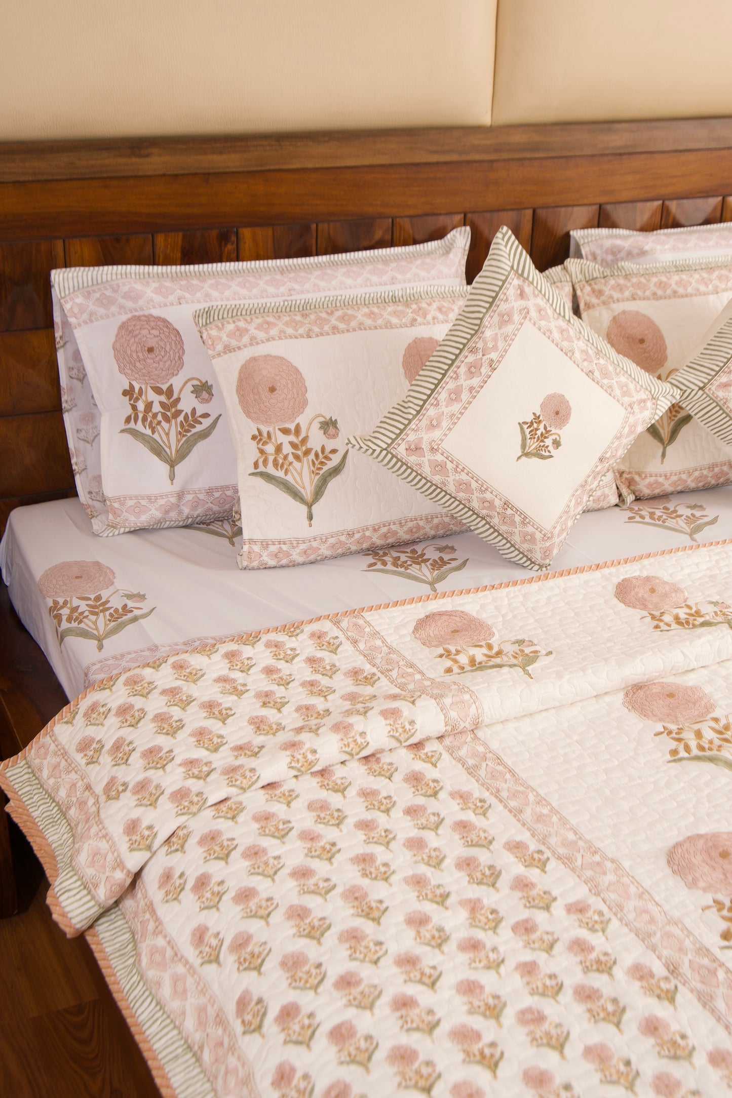 Peach Marigold Bedsheet & Bedcover Set