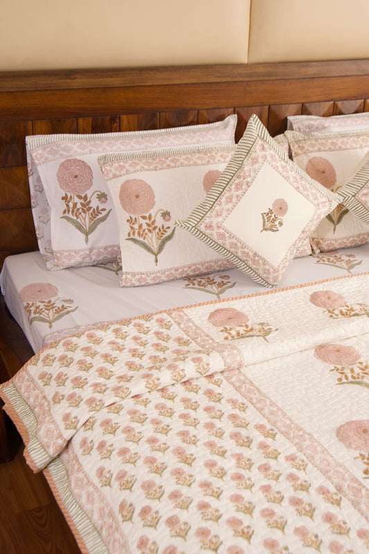 Peach Marigold Bedsheet & Bedcover Set