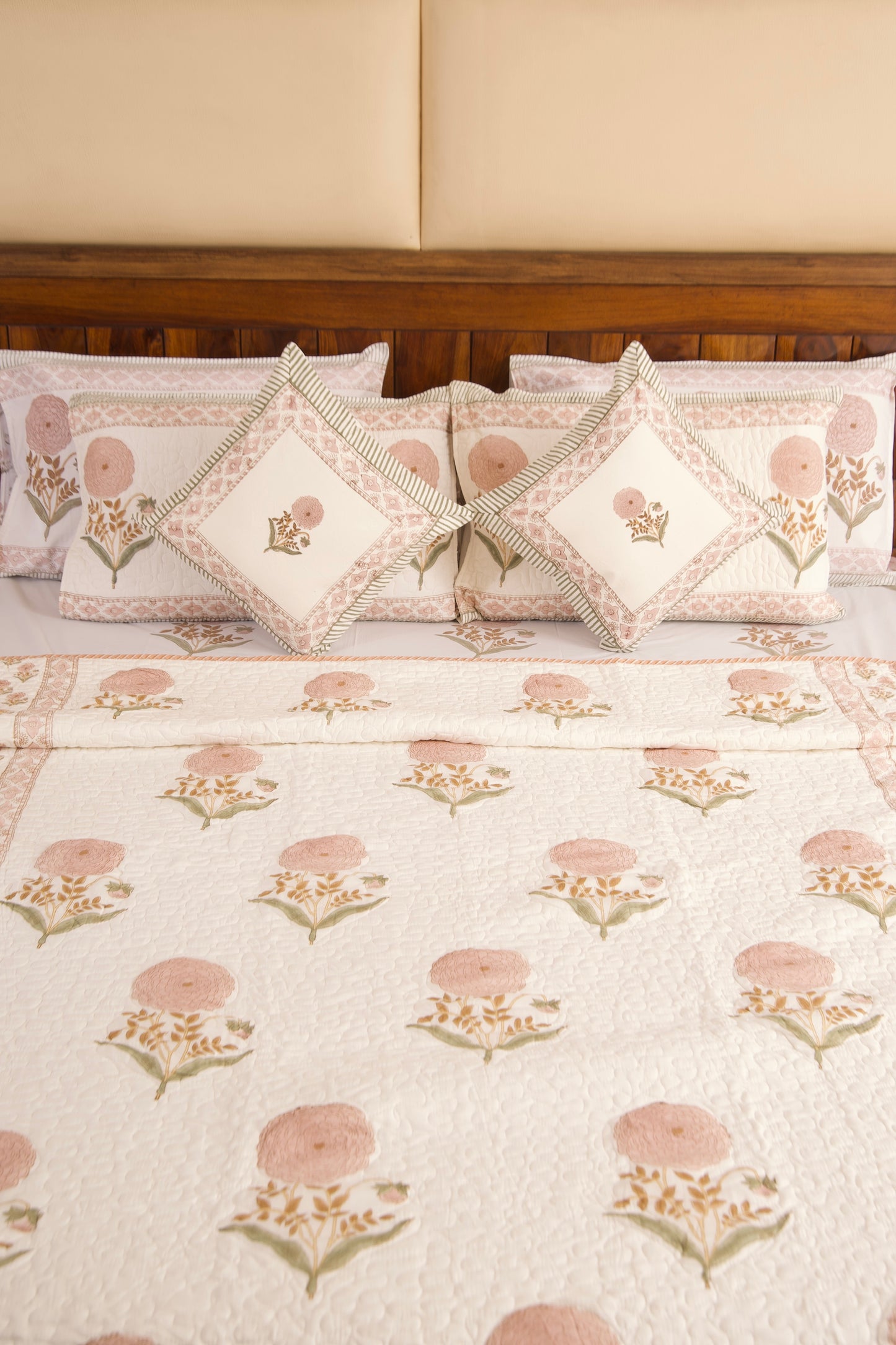 Peach Marigold Bedsheet & Bedcover Set