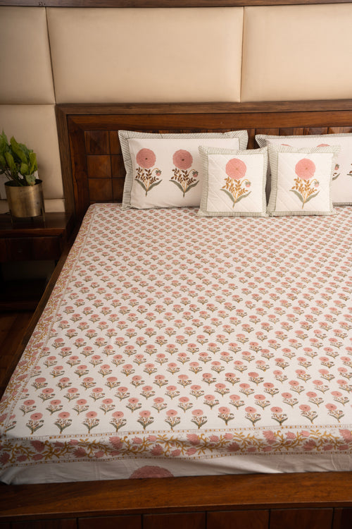 Pink Marigold Chota Phool Percale Cotton Bedsheet