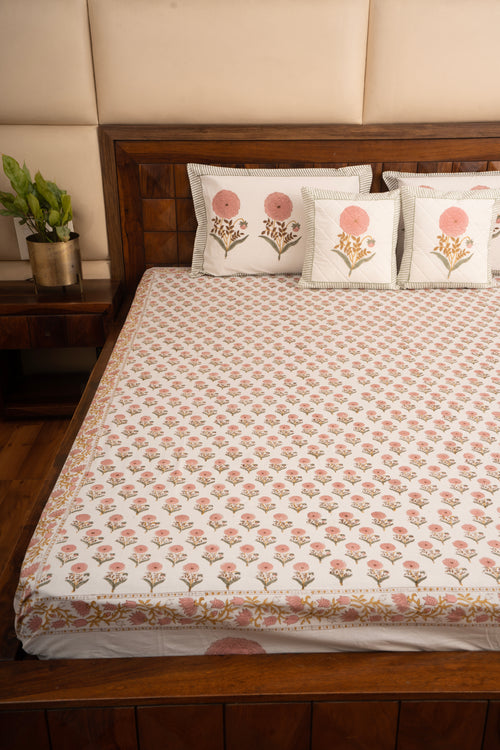 Pink Marigold Chota Phool Percale Cotton Bedsheet