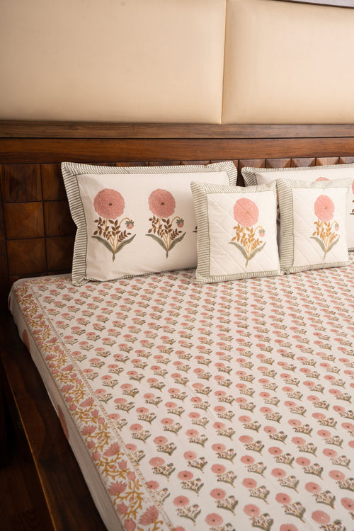 Pink Marigold Chota Phool  Bedsheet & Bedcover Set