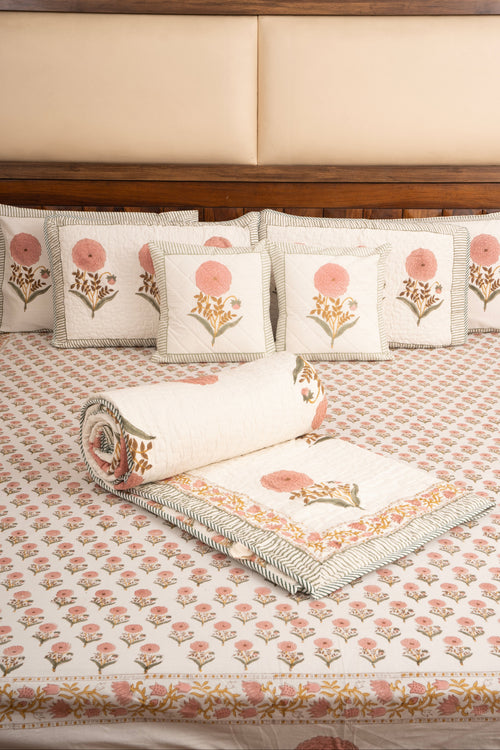 Pink Marigold Chota Phool  Bedsheet & Bedcover Set