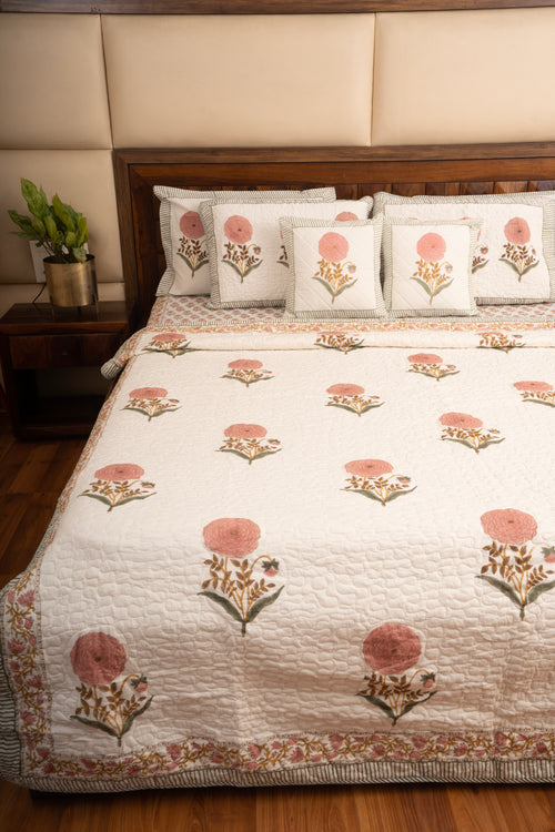 Pink Marigold Chota Phool  Bedsheet & Bedcover Set