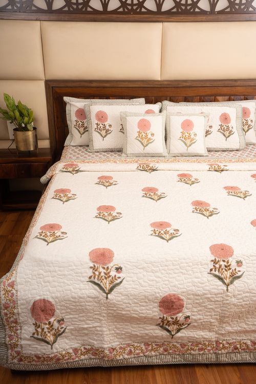 Pink Marigold Reversible Quilted Bedcover