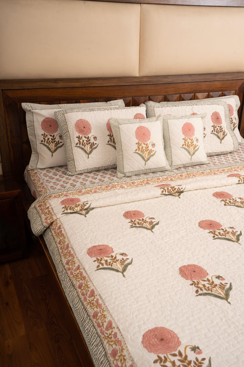 Pink Marigold Chota Phool  Bedsheet & Bedcover Set