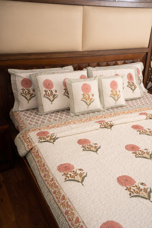 Pink Marigold Chota Phool  Bedsheet & Bedcover Set