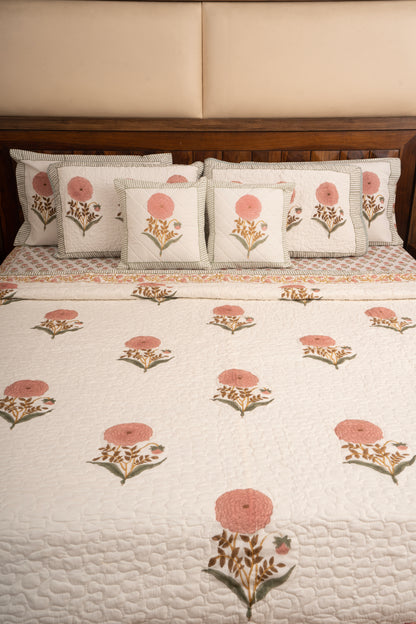 Pink Marigold Chota Phool  Bedsheet & Bedcover Set