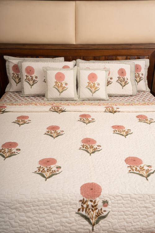 Pink Marigold Chota Phool  Bedsheet & Bedcover Set