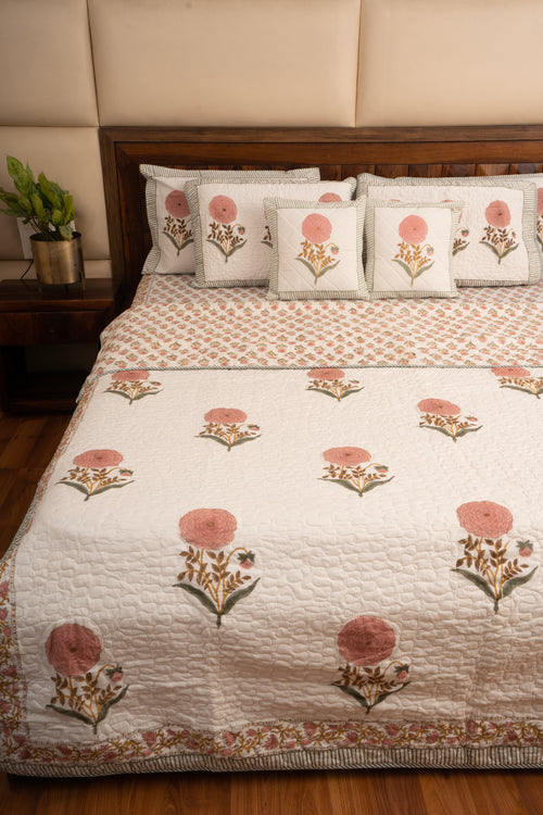 Pink Marigold Chota Phool  Bedsheet & Bedcover Set