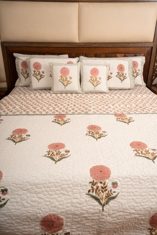 Pink Marigold Reversible Quilted Bedcover