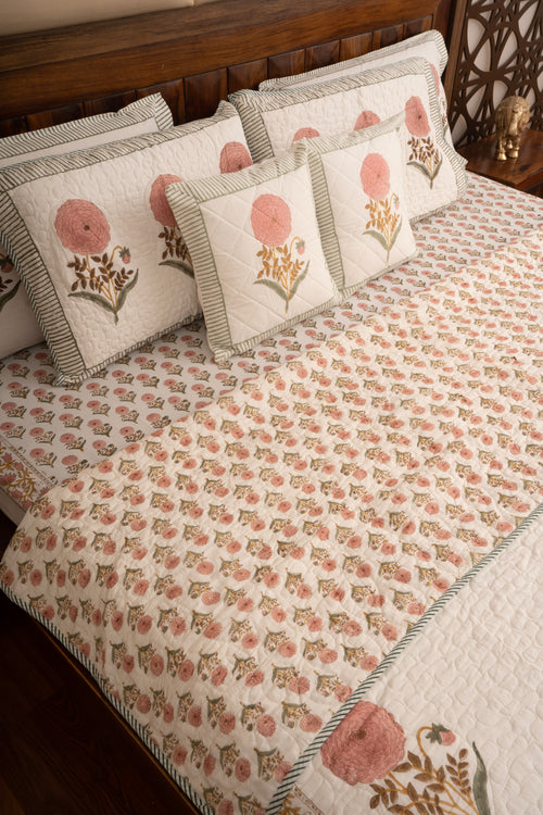 Pink Marigold Chota Phool  Bedsheet & Bedcover Set