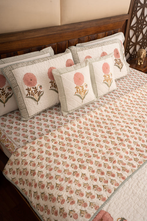 Pink Marigold Chota Phool  Bedsheet & Bedcover Set