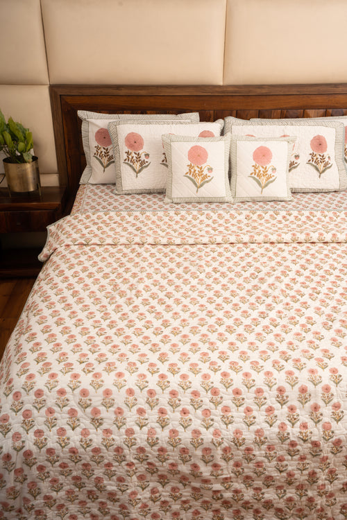 Pink Marigold Chota Phool  Bedsheet & Bedcover Set