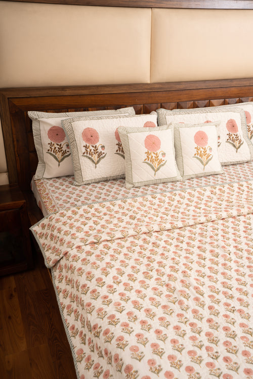 Pink Marigold Chota Phool  Bedsheet & Bedcover Set