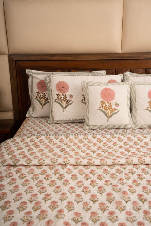 Pink Marigold Chota Phool  Bedsheet & Bedcover Set