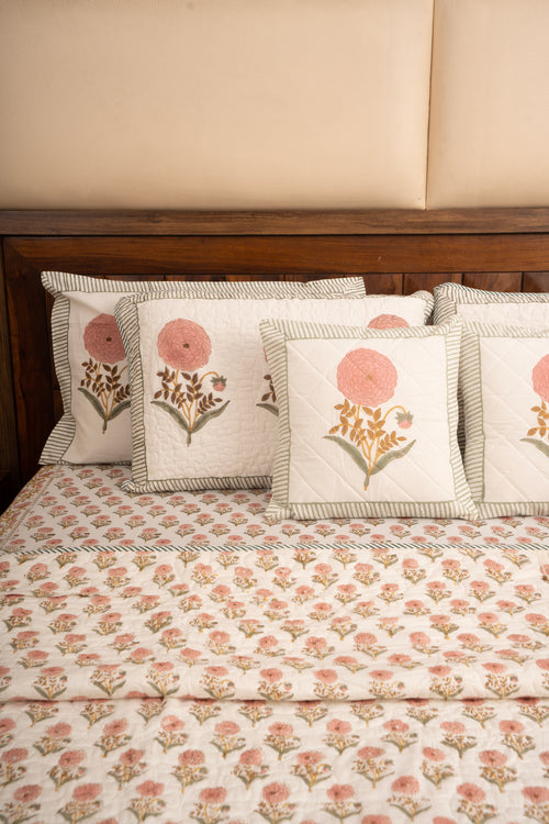 Pink Marigold Chota Phool  Bedsheet & Bedcover Set