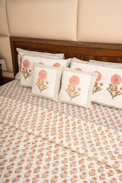Pink Marigold Chota Phool  Bedsheet & Bedcover Set