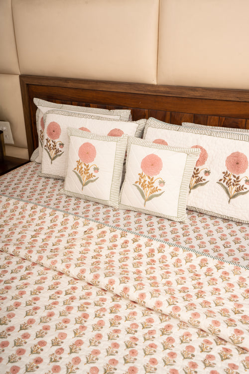 Pink Marigold Chota Phool  Bedsheet & Bedcover Set