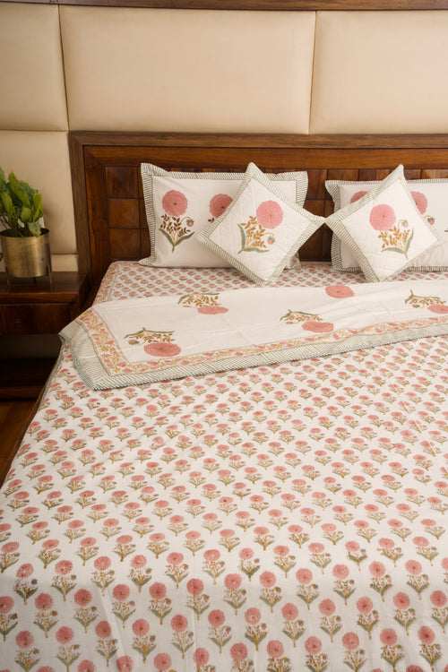 Pink Marigold Chota Phool Bedsheet & Dohar Set