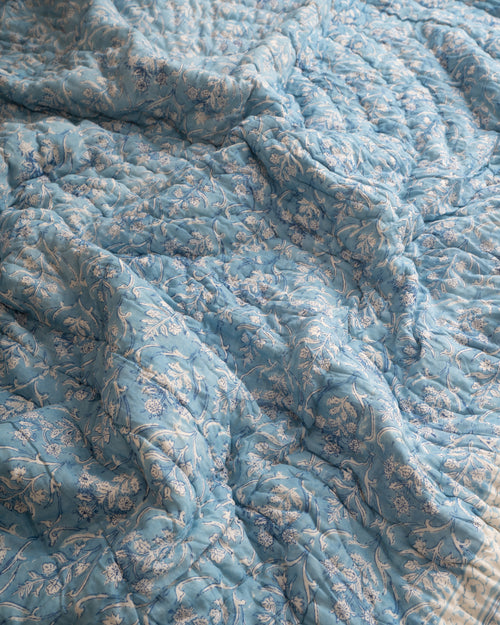 White Blue Floral Baghicha Reversible Mulmul Cotton Quilt-King Size