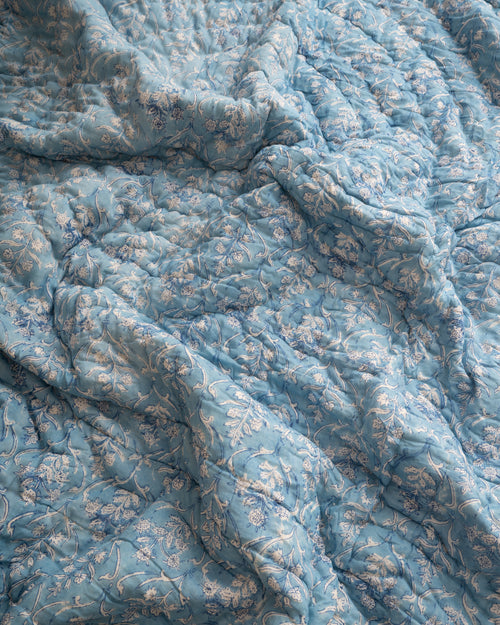 White Blue Floral Baghicha Reversible Mulmul Cotton Quilt-King Size