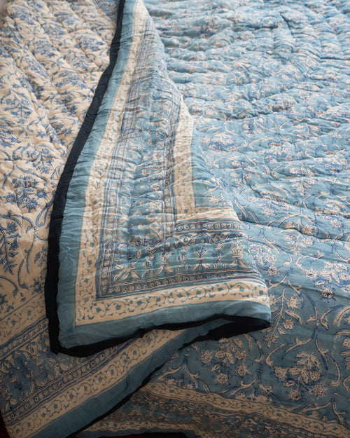 White Blue Floral Baghicha Reversible Mulmul Cotton Quilt-King Size