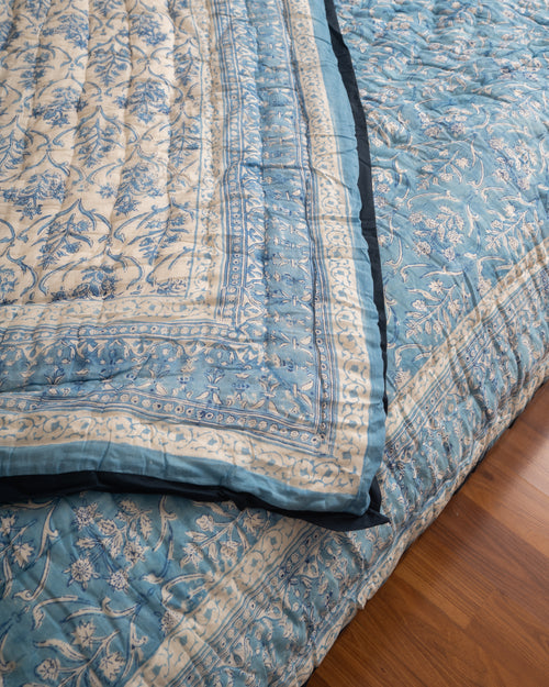 White Blue Floral Baghicha Reversible Mulmul Cotton Quilt-King Size
