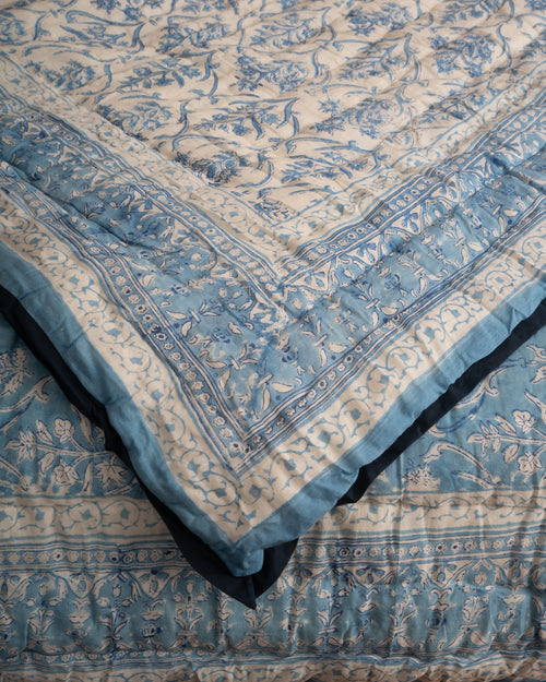 White Blue Floral Baghicha Reversible Mulmul Cotton Quilt-King Size